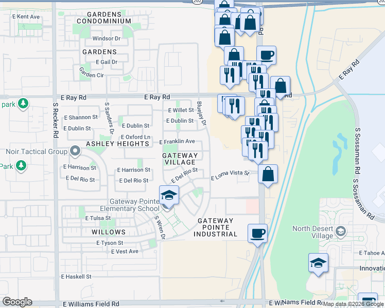map of restaurants, bars, coffee shops, grocery stores, and more near 4539 East Ivanhoe Street in Gilbert