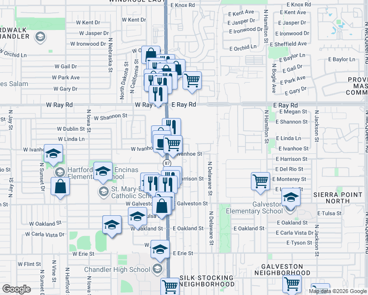 map of restaurants, bars, coffee shops, grocery stores, and more near 235 East Ray Road in Chandler