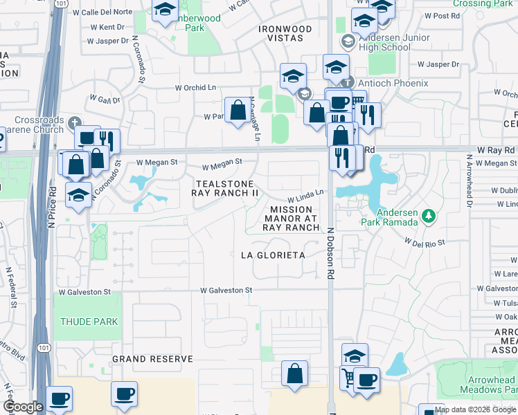 map of restaurants, bars, coffee shops, grocery stores, and more near 880 North Los Altos Drive in Chandler