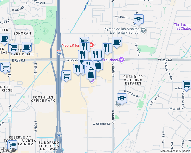 map of restaurants, bars, coffee shops, grocery stores, and more near 7131 West Ray Road in Chandler