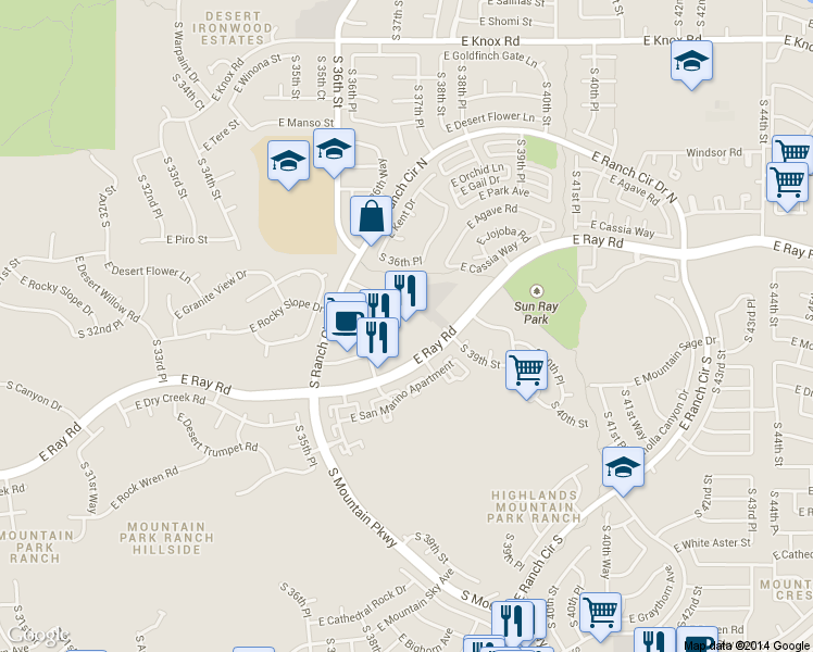map of restaurants, bars, coffee shops, grocery stores, and more near 3820 East Ray Road in Phoenix