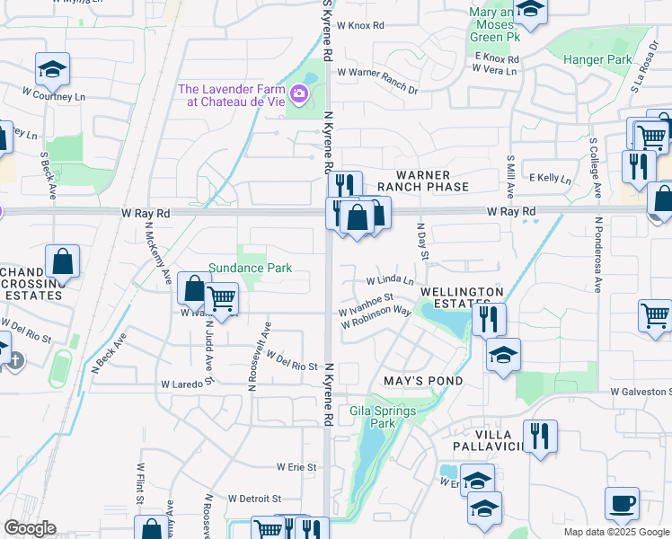 map of restaurants, bars, coffee shops, grocery stores, and more near 5912 West Dublin Court in Chandler