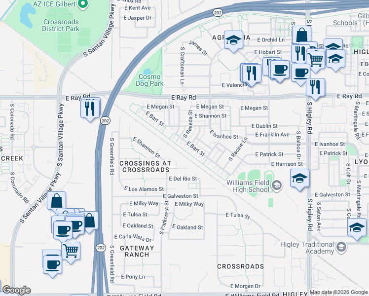 map of restaurants, bars, coffee shops, grocery stores, and more near 2699 East Bart Street in Gilbert