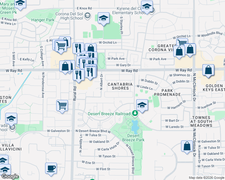 map of restaurants, bars, coffee shops, grocery stores, and more near 4659 West Linda Lane in Chandler