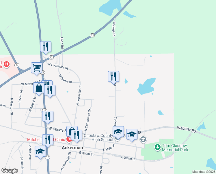 map of restaurants, bars, coffee shops, grocery stores, and more near 499 College Street in Ackerman