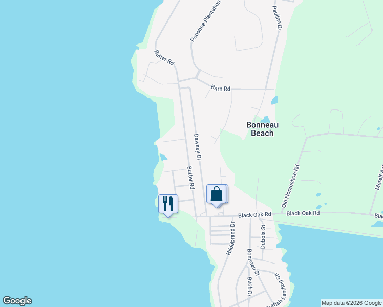 map of restaurants, bars, coffee shops, grocery stores, and more near 408 Butter Road in Bonneau