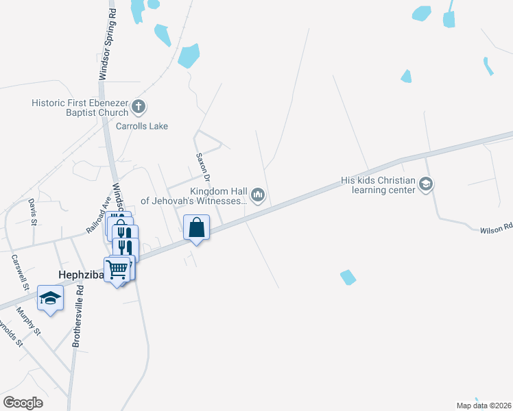 map of restaurants, bars, coffee shops, grocery stores, and more near 4399 Clements Road in Hephzibah