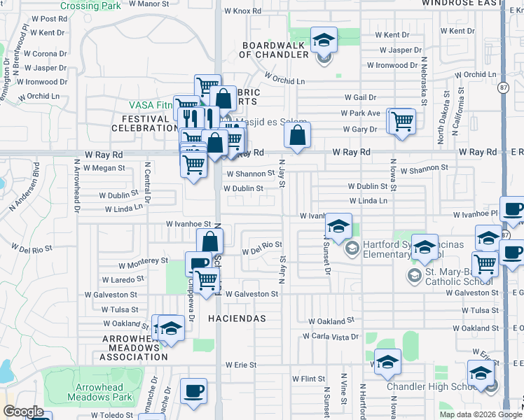 map of restaurants, bars, coffee shops, grocery stores, and more near 825 North Dublin Street in Chandler