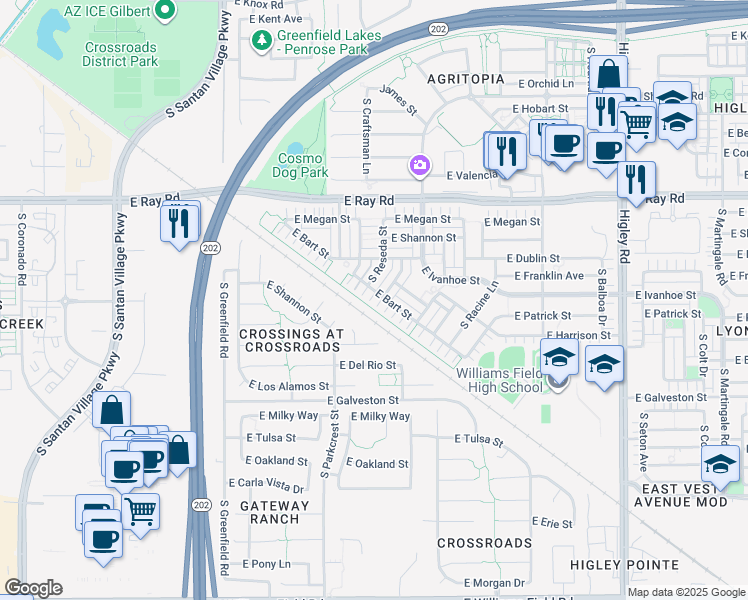 map of restaurants, bars, coffee shops, grocery stores, and more near 2699 East Bart Street in Gilbert