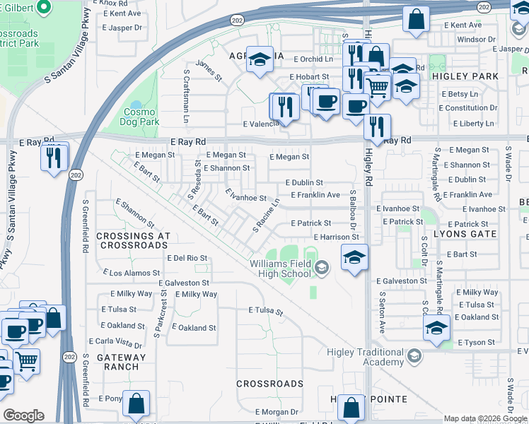 map of restaurants, bars, coffee shops, grocery stores, and more near 1800 South Racine Lane in Gilbert