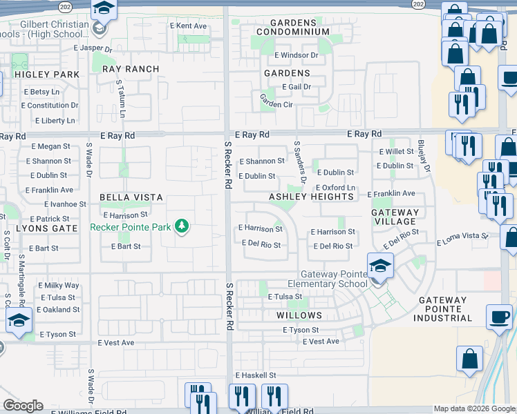 map of restaurants, bars, coffee shops, grocery stores, and more near 4097 East Oxford Lane in Gilbert