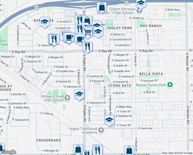 map of restaurants, bars, coffee shops, grocery stores, and more near 3322 East Ivanhoe Street in Gilbert
