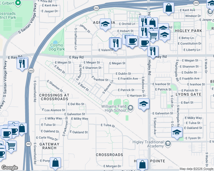 map of restaurants, bars, coffee shops, grocery stores, and more near 1800 South Racine Lane in Gilbert