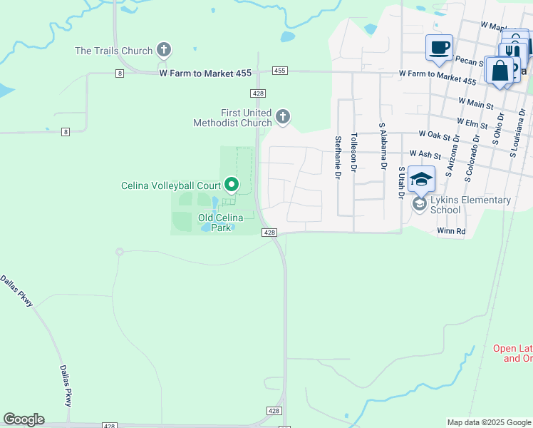 map of restaurants, bars, coffee shops, grocery stores, and more near 557 Yellowstone Drive in Celina