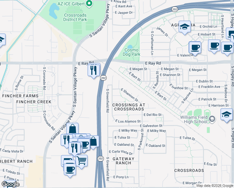 map of restaurants, bars, coffee shops, grocery stores, and more near 2460 East Oxford Court in Gilbert