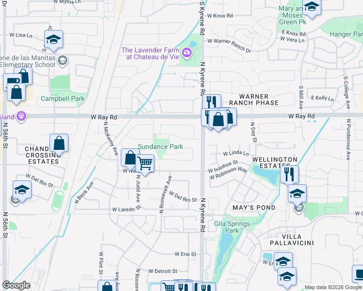 map of restaurants, bars, coffee shops, grocery stores, and more near 6141 West Shannon Street in Chandler