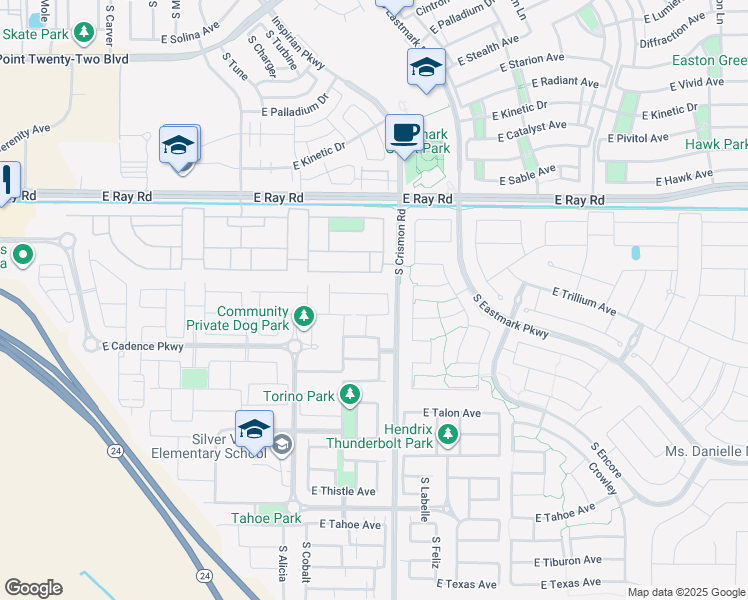 map of restaurants, bars, coffee shops, grocery stores, and more near 9948 East Thornbush Avenue in Mesa