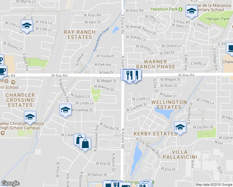 map of restaurants, bars, coffee shops, grocery stores, and more near 6062 West Dublin Lane in Chandler