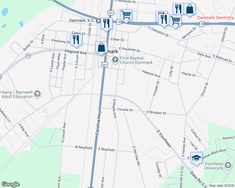 map of restaurants, bars, coffee shops, grocery stores, and more near 6560 Voorhees Road in Denmark
