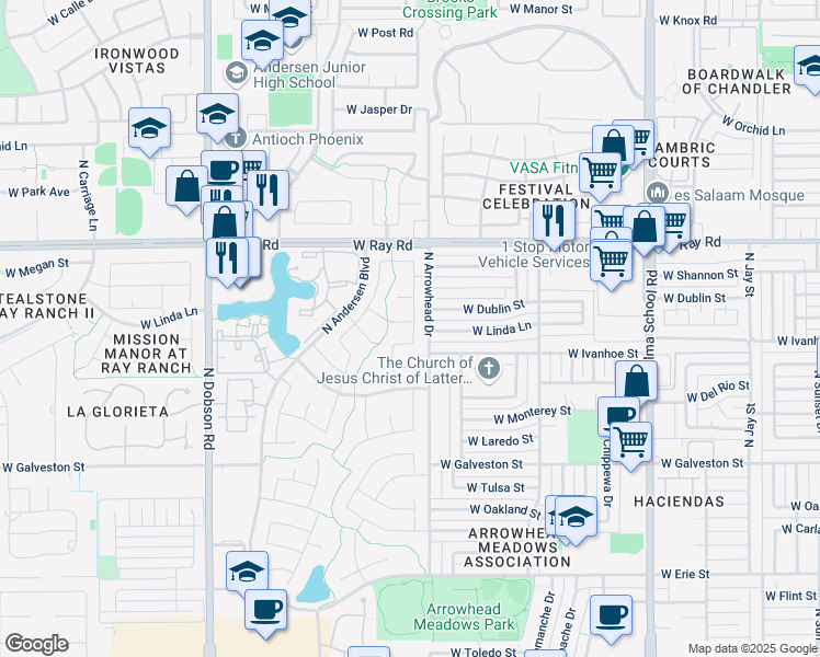 map of restaurants, bars, coffee shops, grocery stores, and more near 1551 West Dublin Court in Chandler