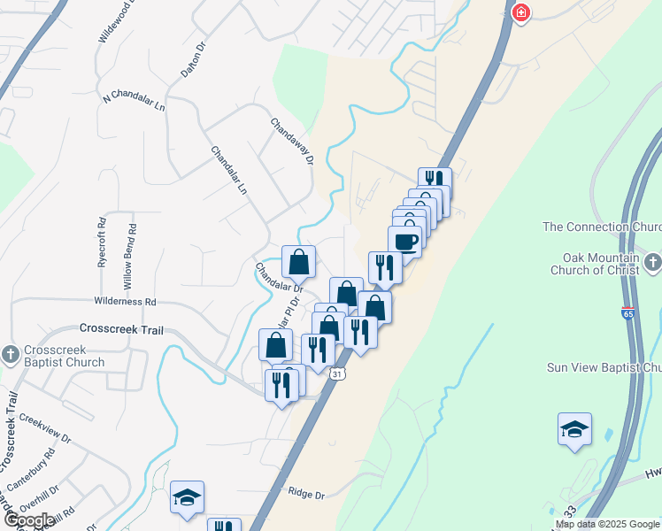 map of restaurants, bars, coffee shops, grocery stores, and more near 1929 Chandalar Court in Pelham
