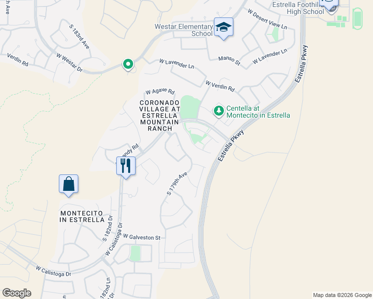 map of restaurants, bars, coffee shops, grocery stores, and more near 14209 South 179th Drive in Goodyear