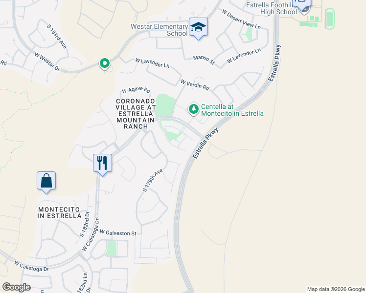 map of restaurants, bars, coffee shops, grocery stores, and more near 17717 West Granite View Drive in Goodyear