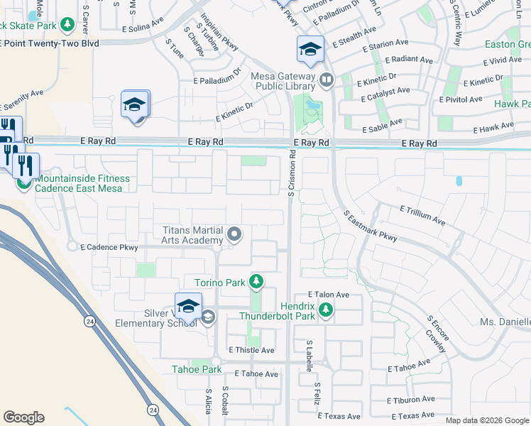 map of restaurants, bars, coffee shops, grocery stores, and more near 9908 East Thornbush Avenue in Mesa