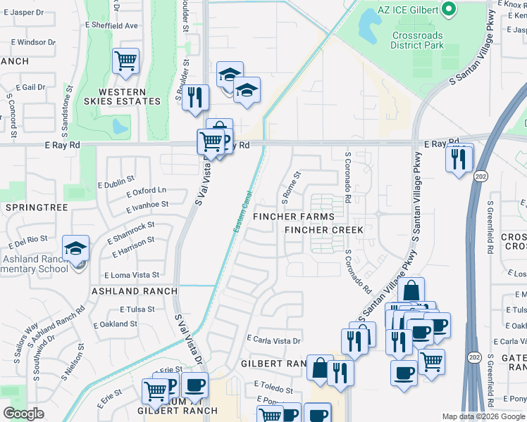 map of restaurants, bars, coffee shops, grocery stores, and more near 1795 East Ivanhoe Street in Gilbert