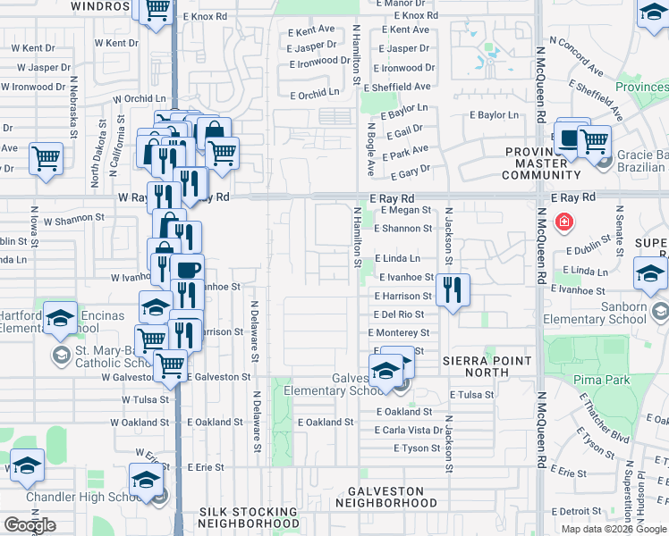 map of restaurants, bars, coffee shops, grocery stores, and more near in Chandler
