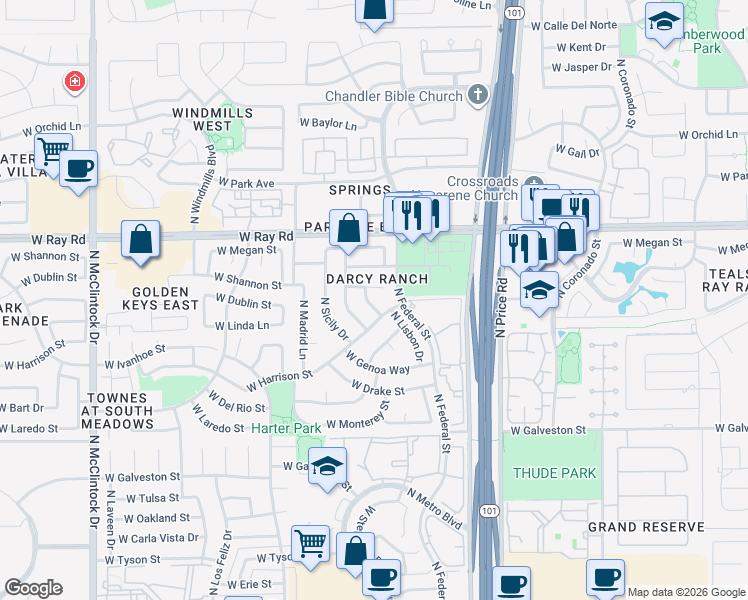 map of restaurants, bars, coffee shops, grocery stores, and more near 3261 West Shannon Place in Chandler