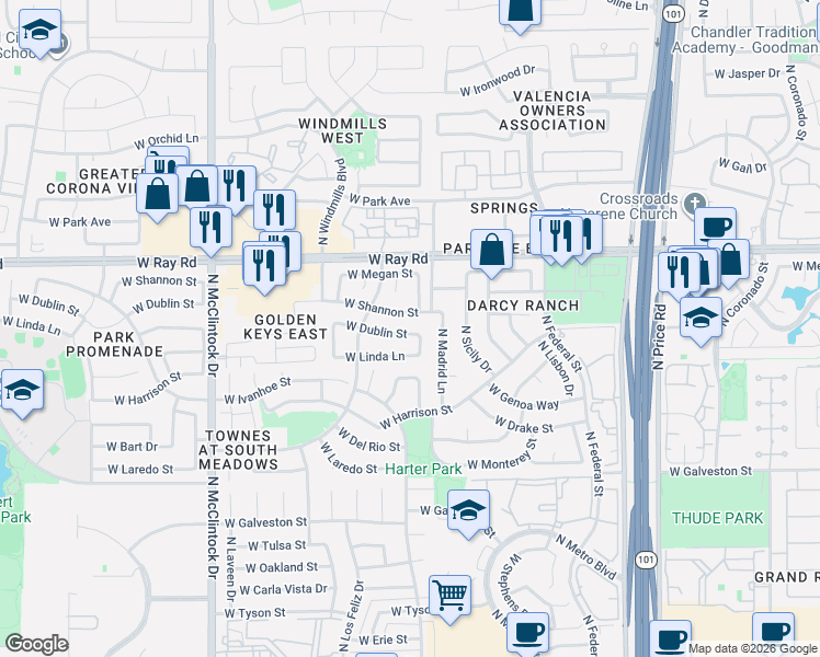 map of restaurants, bars, coffee shops, grocery stores, and more near 3543 West Shannon Street in Chandler