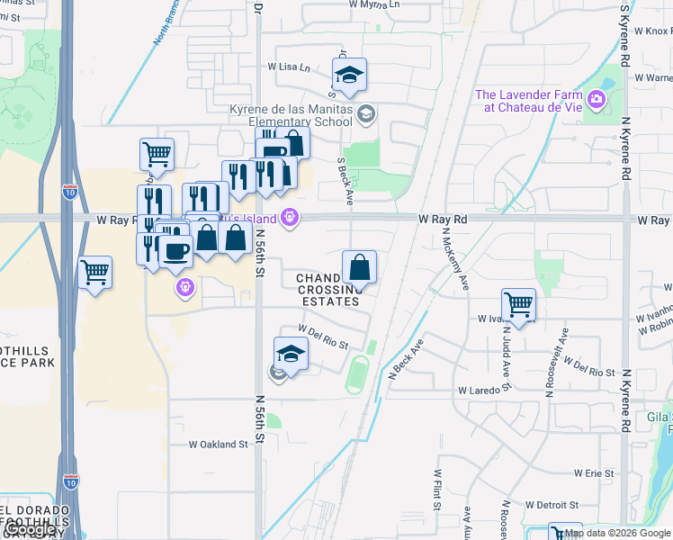map of restaurants, bars, coffee shops, grocery stores, and more near 6822 West Linda Lane in Chandler