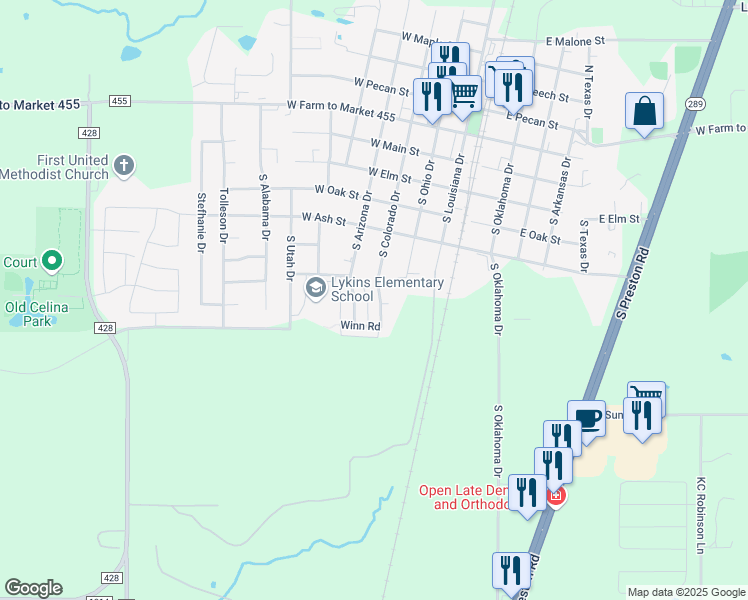 map of restaurants, bars, coffee shops, grocery stores, and more near 611 South Colorado Street in Celina