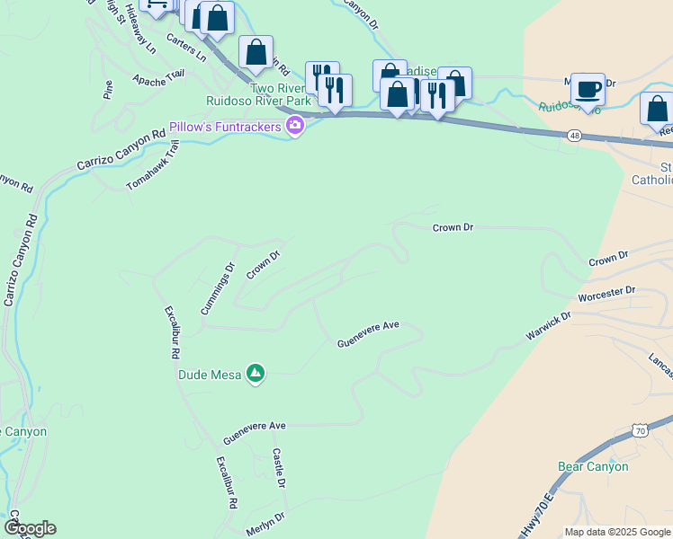 map of restaurants, bars, coffee shops, grocery stores, and more near Allen Way in Ruidoso