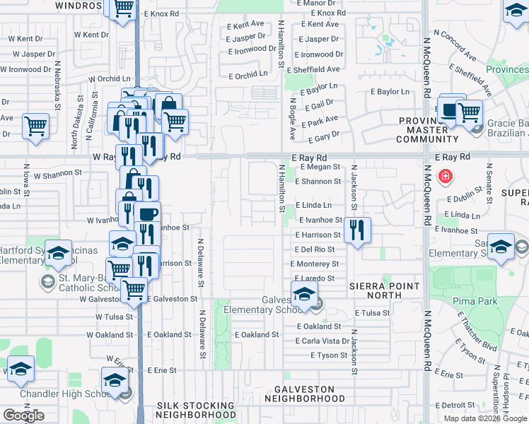 map of restaurants, bars, coffee shops, grocery stores, and more near in Chandler