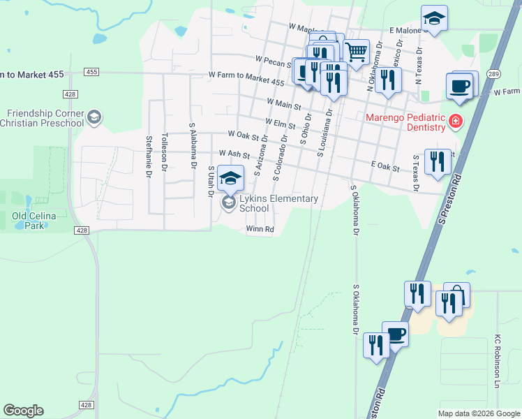 map of restaurants, bars, coffee shops, grocery stores, and more near 611 South Colorado Street in Celina