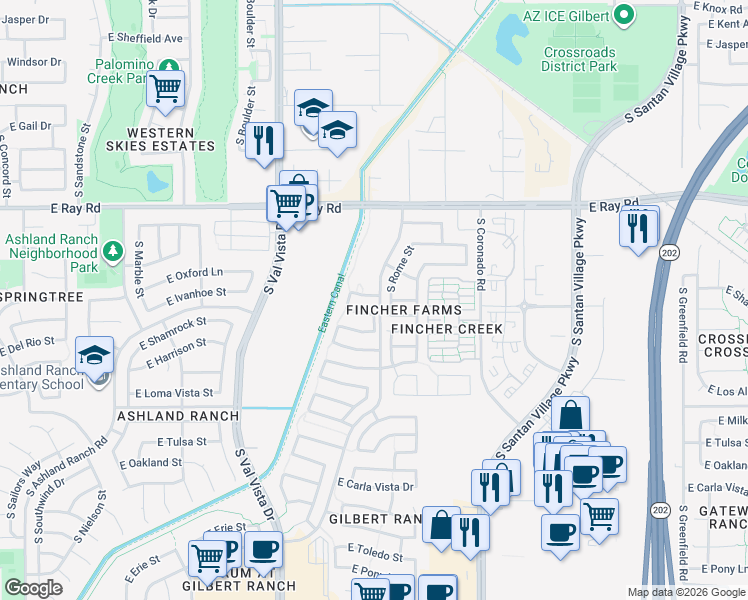 map of restaurants, bars, coffee shops, grocery stores, and more near 1795 East Ivanhoe Street in Gilbert