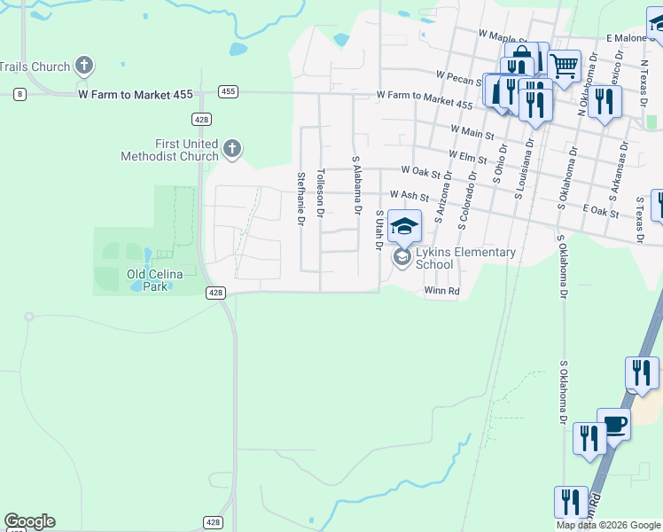 map of restaurants, bars, coffee shops, grocery stores, and more near 860 Mellanie Court in Celina