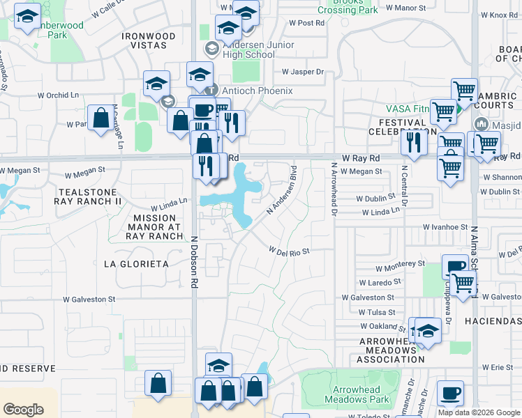 map of restaurants, bars, coffee shops, grocery stores, and more near 1825 West Ray Road in Chandler