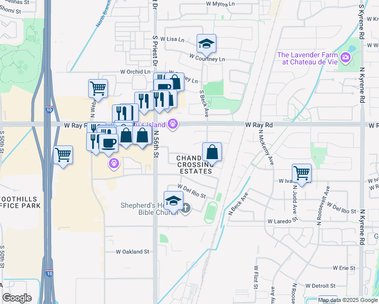 map of restaurants, bars, coffee shops, grocery stores, and more near 6822 West Linda Lane in Chandler