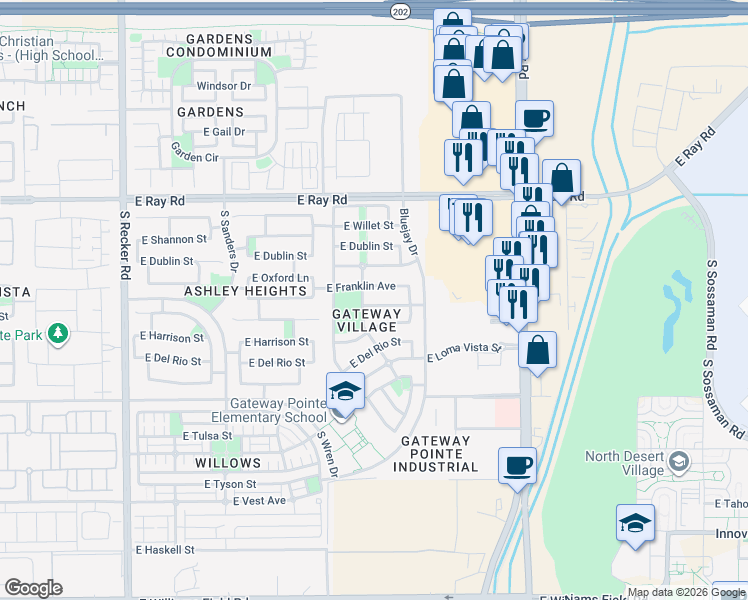 map of restaurants, bars, coffee shops, grocery stores, and more near 4518 East Ivanhoe Street in Gilbert