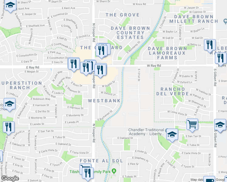 map of restaurants, bars, coffee shops, grocery stores, and more near 1763 South Abilene Drive in Gilbert