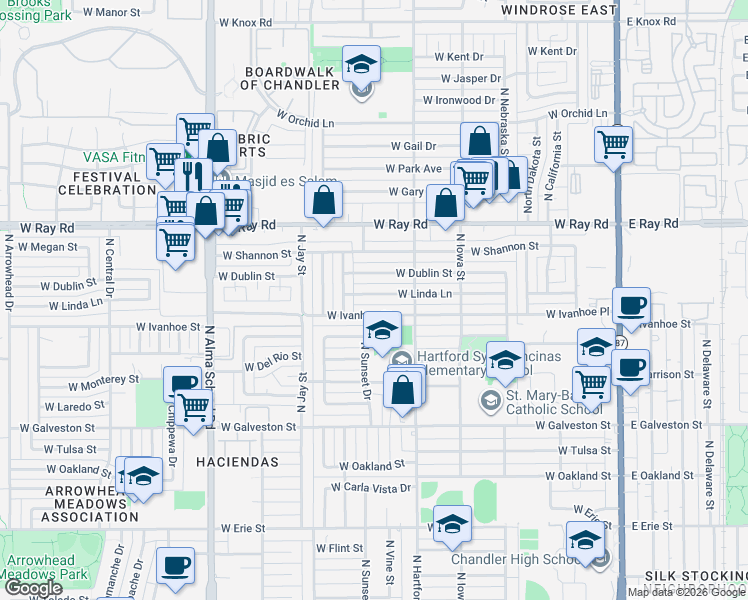 map of restaurants, bars, coffee shops, grocery stores, and more near 685 West Linda Lane in Chandler