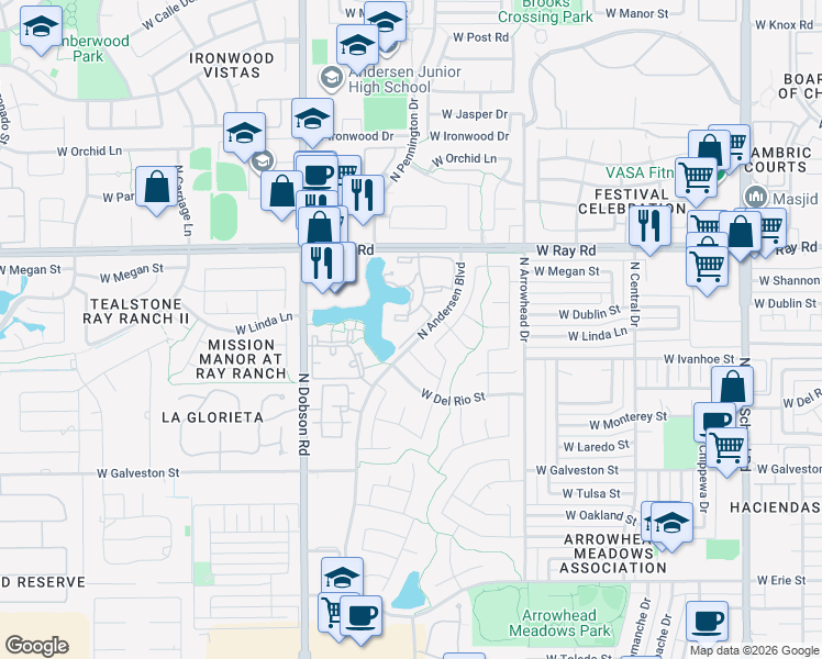 map of restaurants, bars, coffee shops, grocery stores, and more near 1825 West Ray Road in Chandler