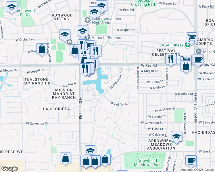 map of restaurants, bars, coffee shops, grocery stores, and more near 1825 West Ray Road in Chandler