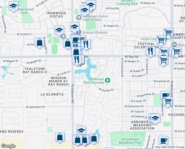 map of restaurants, bars, coffee shops, grocery stores, and more near 1825 West Ray Road in Chandler