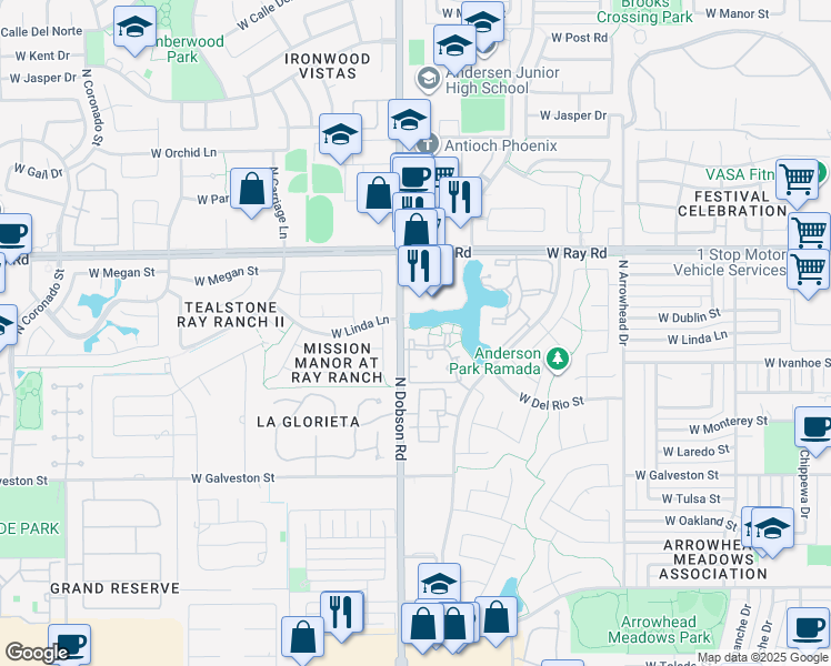 map of restaurants, bars, coffee shops, grocery stores, and more near 855 North Dobson Road in Chandler