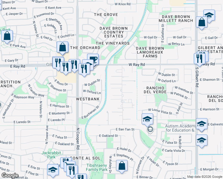 map of restaurants, bars, coffee shops, grocery stores, and more near 14226 South 131st Street in Gilbert