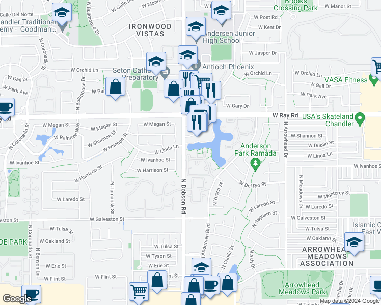 map of restaurants, bars, coffee shops, grocery stores, and more near 855 North Dobson Road in Chandler